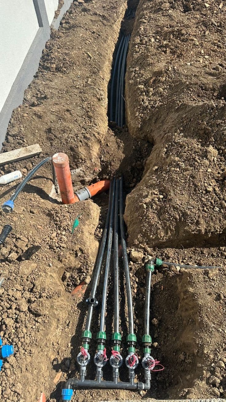 Irrigation mainline trench with lateral lines and zone valves being installed